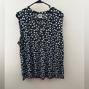 Anne Klein Navy and White Polka Dot Blouse XL
